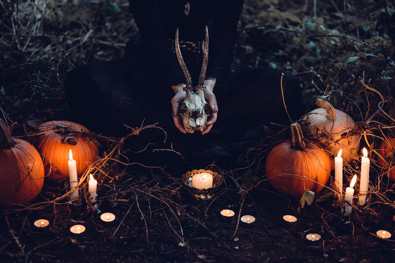 candles, pumpkins, witch