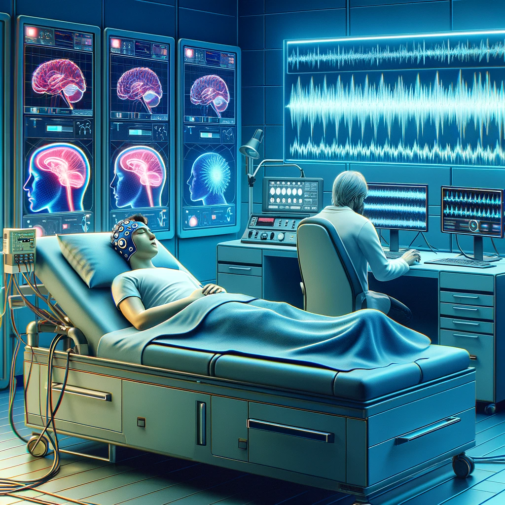 ·E 2023 11 18 09.50.24   An image showing the use of technology in lucid dream research. The scene depicts a sleep lab with advanced equipment like EEG headsets and monitors d.png