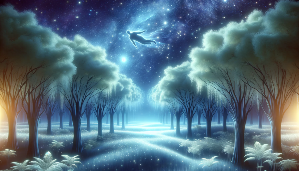 ·E 2023 11 18 10.44.27   A surreal dreamscape depicting a peaceful forest with ethereal, glowing trees under a starry night sky. In the foreground, a dreamer is seen floating .png