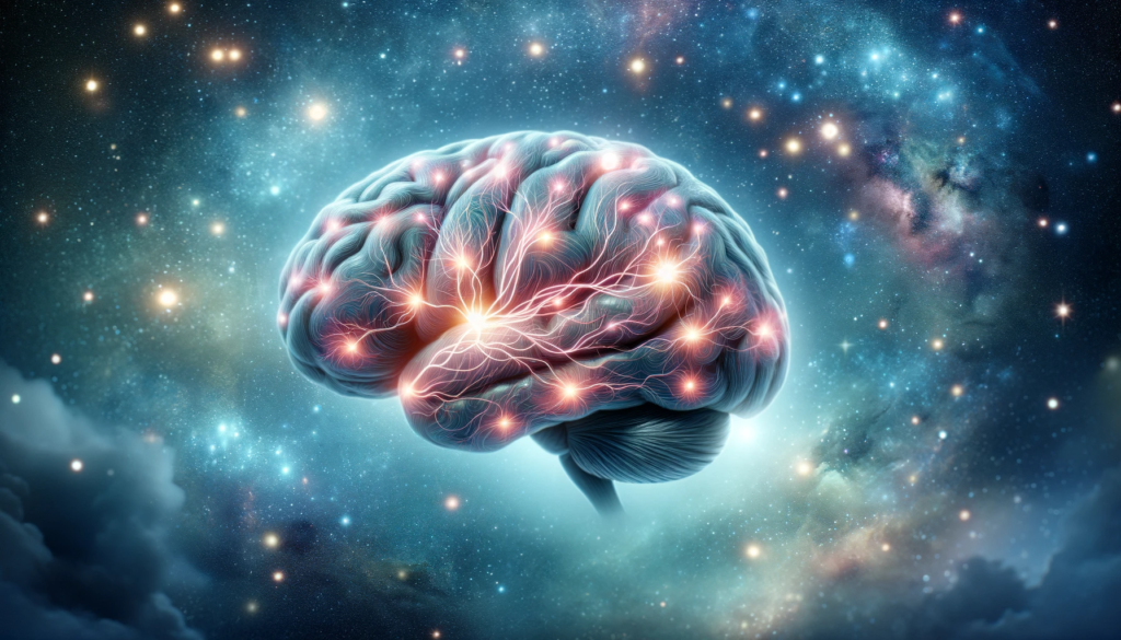 ·E 2023 11 18 10.44.32   A conceptual image showing a brain with areas lit up to represent neural activity during a lucid dream. The brain is superimposed on a background of a.png