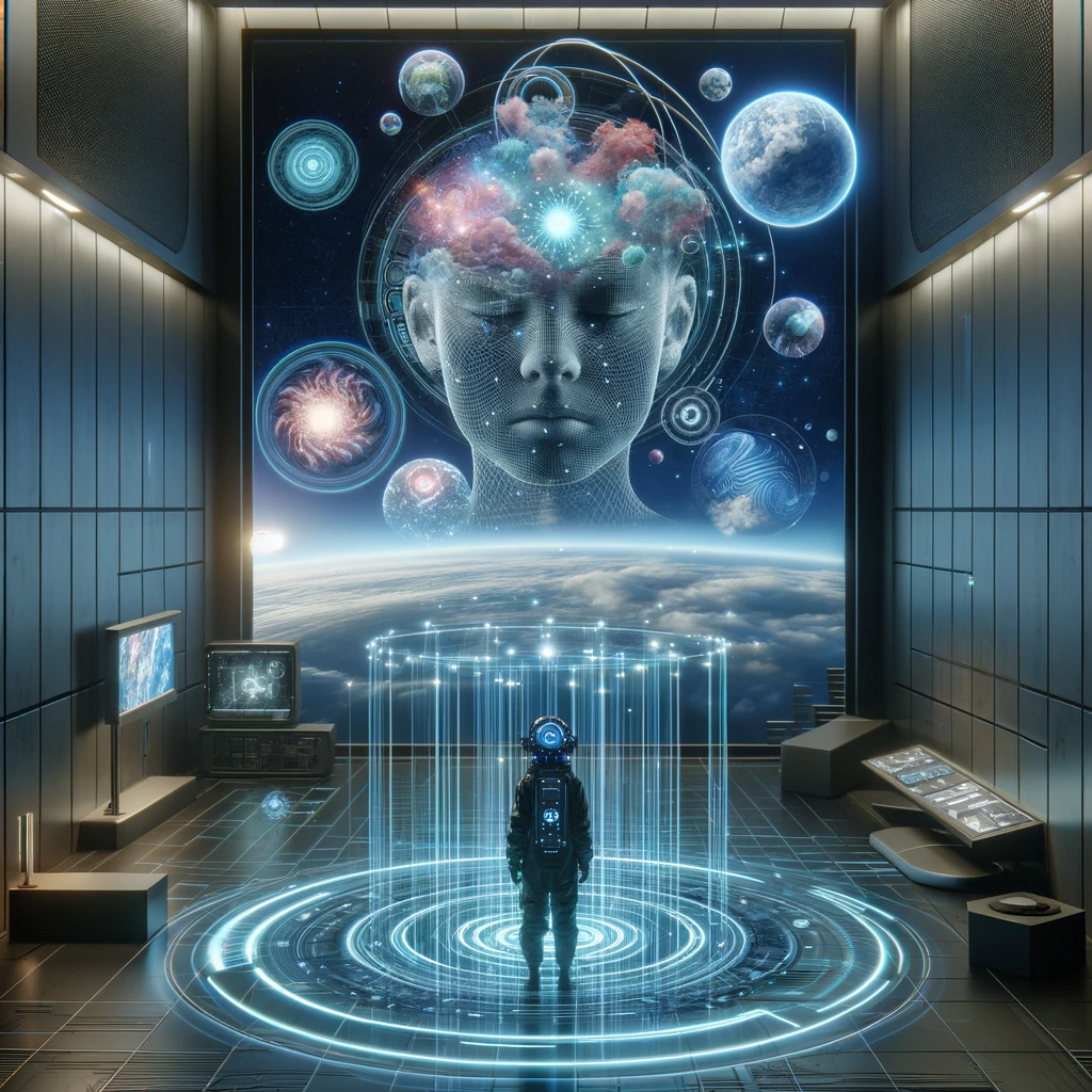 ·E 2023 11 18 10.55.15   A futuristic scene showing advanced technology for lucid dreaming, with a person wearing a high tech headgear and surrounded by holographic displays o.png