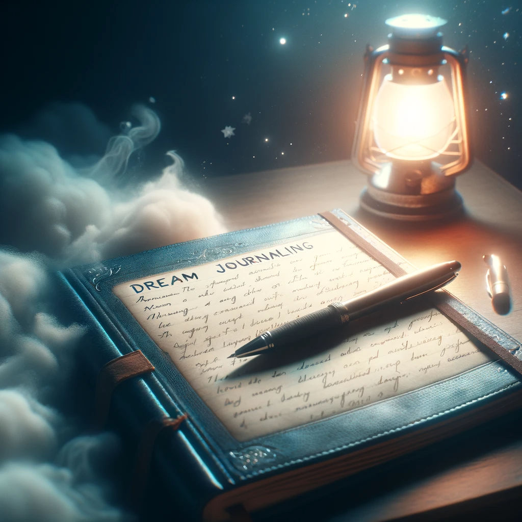 ·E 2023 11 19 03.39.06   An artistic representation of a dream journal and a pen on a nightstand, symbolizing the practice of dream journaling for lucid dreaming. The journal .png