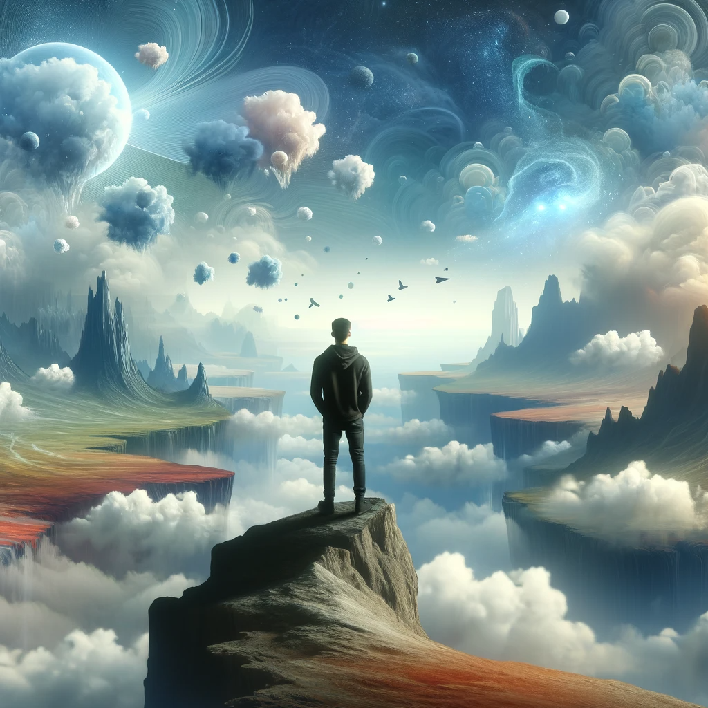 ·E 2023 11 19 03.51.27   An artistic representation of a person standing at the edge of a cliff, looking out over a vast, dreamlike landscape with floating islands and etherea.png