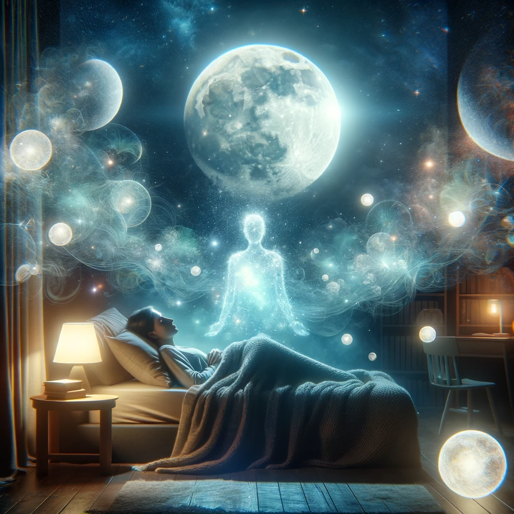 ·E 2023 11 19 03.51.30   A dreamy, ethereal image depicting a serene, moonlit night with a person lucid dreaming. The person is peacefully sleeping in a cozy, dimly lit room, .png