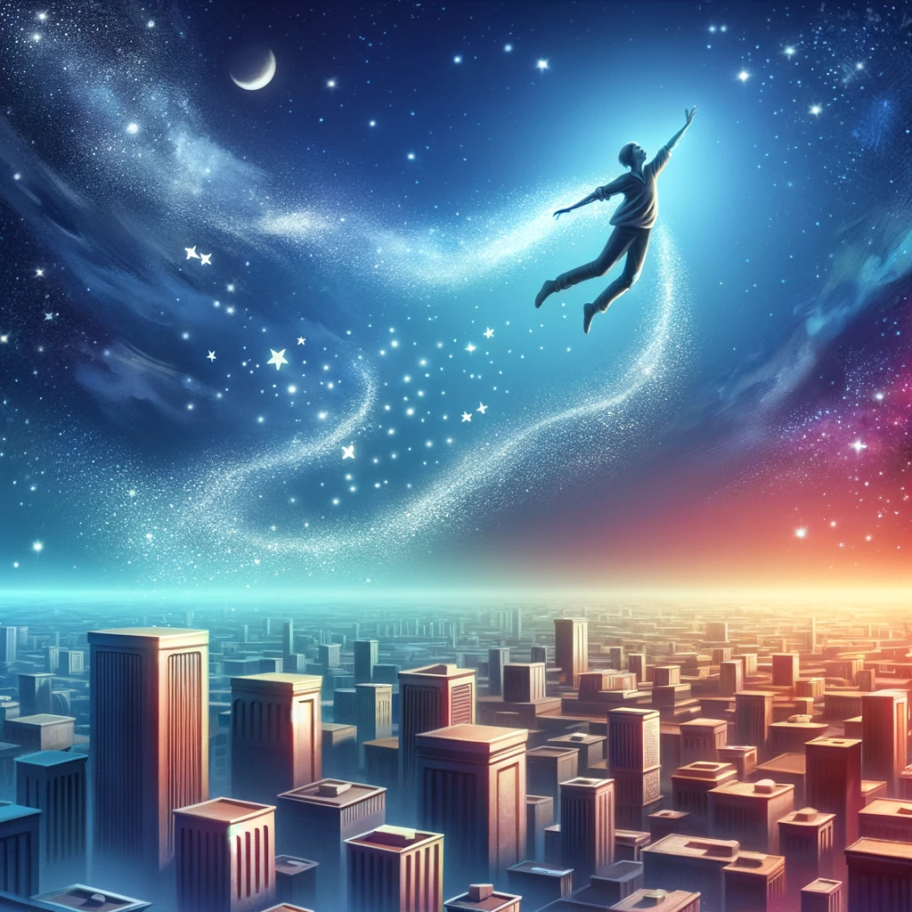 ·E 2023 11 19 03.51.32   A whimsical illustration showing a person flying above a cityscape, symbolizing the freedom and exhilaration of lucid dreaming. The city below is a bl.png