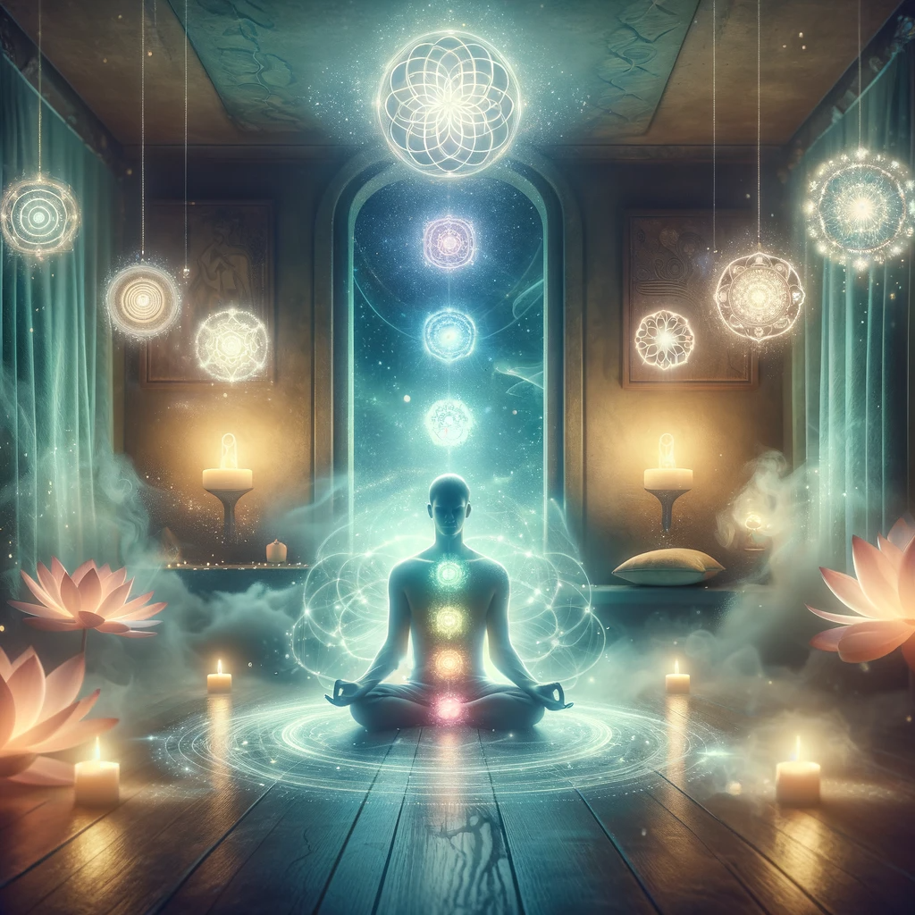 ·E 2023 11 19 03.51.34   A calming and mystical image depicting a meditative person surrounded by glowing chakras, symbolizing the spiritual aspect of lucid dreaming. The sett.png