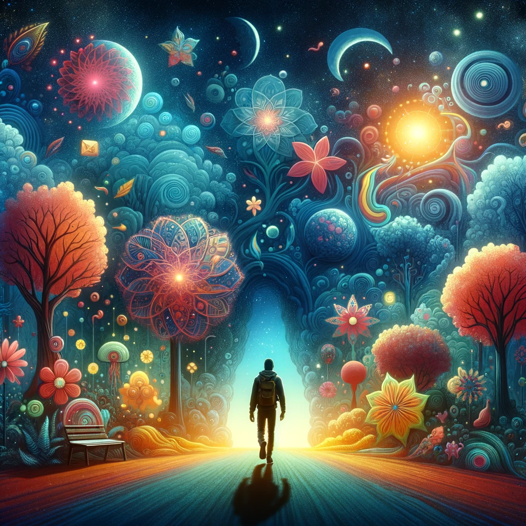 ·E 2023 11 19 03.51.36   An imaginative illustration of a person walking through a magical forest, with the trees and plants transforming into symbols and shapes from their dr.png