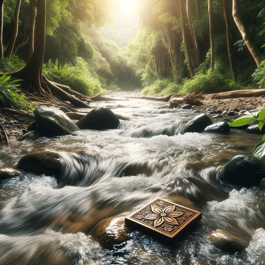 ·E 2023 11 19 10.45.54   Image of a natural running stream, to represent the concept of cleansing a talisman with water. The stream should be flowing gently through a serene, .png