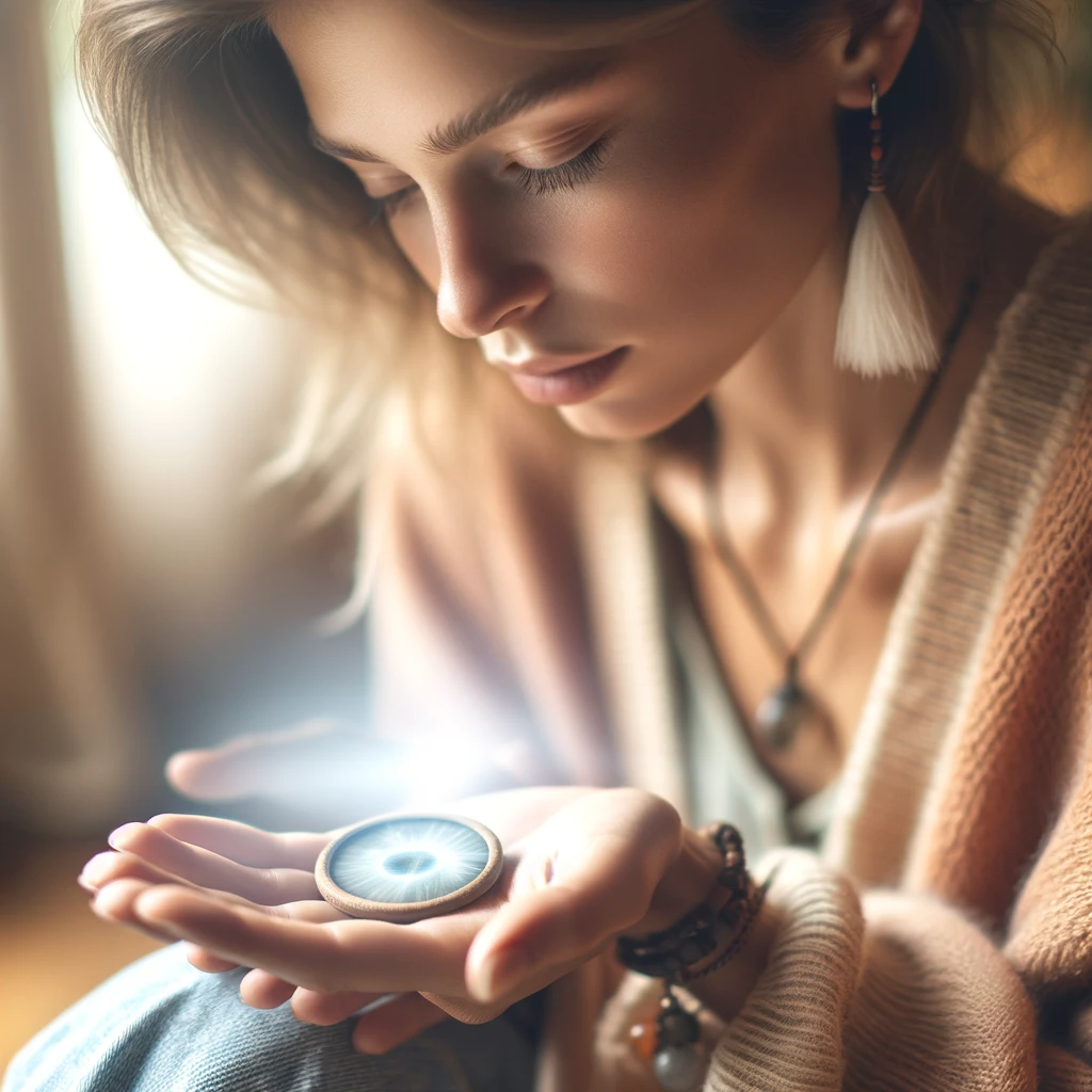 ·E 2023 11 19 10.46.00   Image of a person holding a talisman in their hands, focusing deeply on it. This image should capture the essence of personalizing a talisman, where t.png