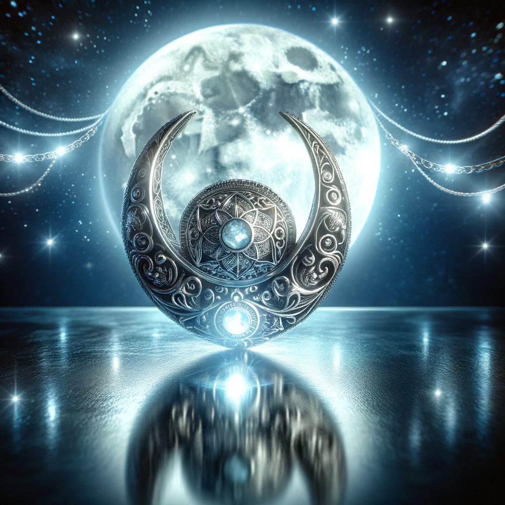 ·E 2023 11 19 11.31.29   A mystical image showcasing a silver amulet, glowing under the light of a full moon. The amulet, crafted with intricate designs, reflects the moon's s.png