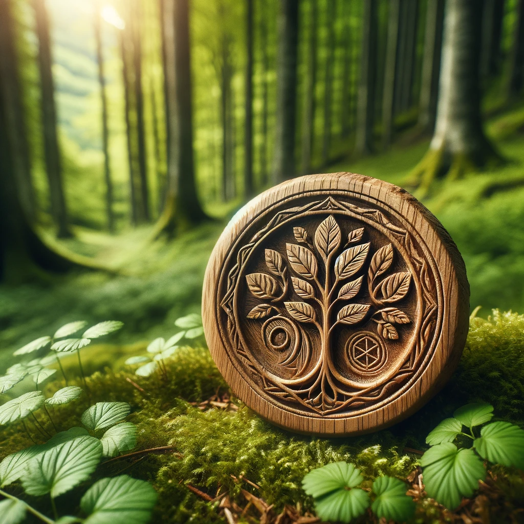 ·E 2023 11 19 11.31.35   A serene image of a wooden amulet, carved from a piece of ancient oak, surrounded by a peaceful forest setting. The amulet is intricately carved with .png