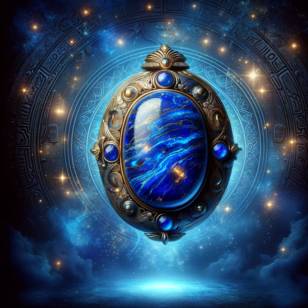 ·E 2023 11 19 11.31.40   A mystical image of an ancient Lapis Lazuli amulet, glowing with a deep blue light. The amulet is intricately carved, showcasing the stone's rich blue.png