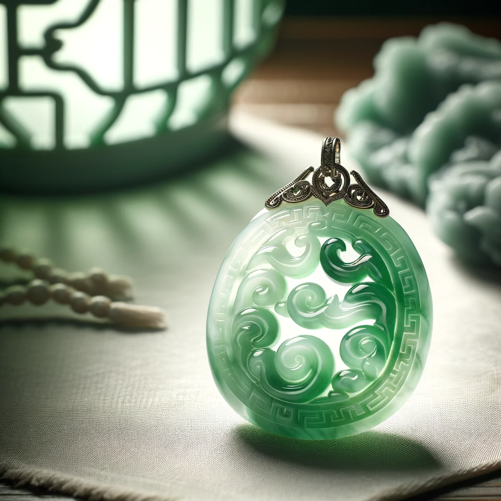 ·E 2023 11 20 03.03.23   An image of a jade charm, symbolizing prosperity and success. The jade charm is elegantly carved, with intricate patterns, and is glowing with a soft .png