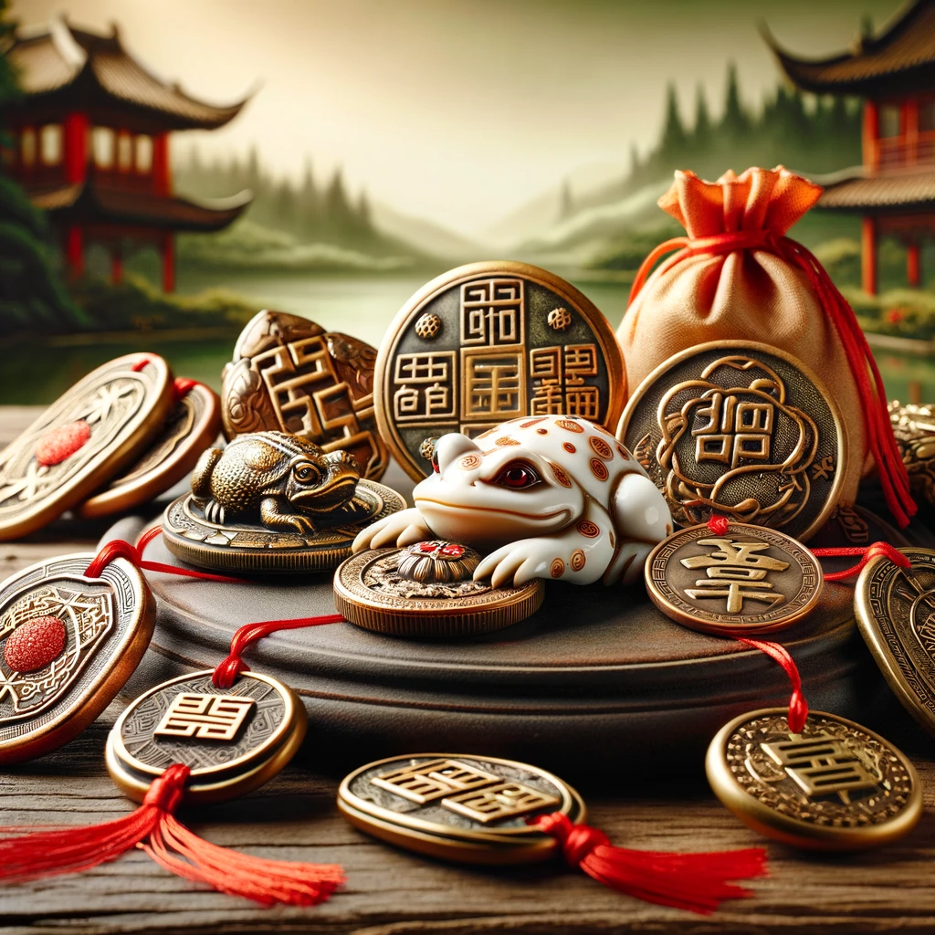 ·E 2023 11 20 03.03.36   An image showcasing a collection of Feng Shui amulets, designed to attract wealth and prosperity. The collection includes amulets like the wealth toad.png