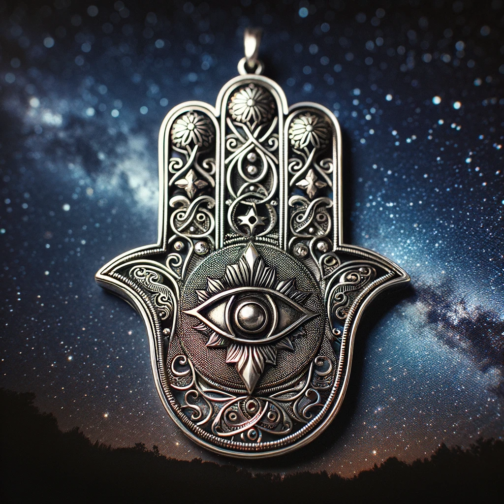 ·E 2023 11 20 11.09.30   An elegant Hamsa hand amulet, crafted from silver, with intricate filigree designs and a prominent eye symbol in the center. The amulet is displayed a.png