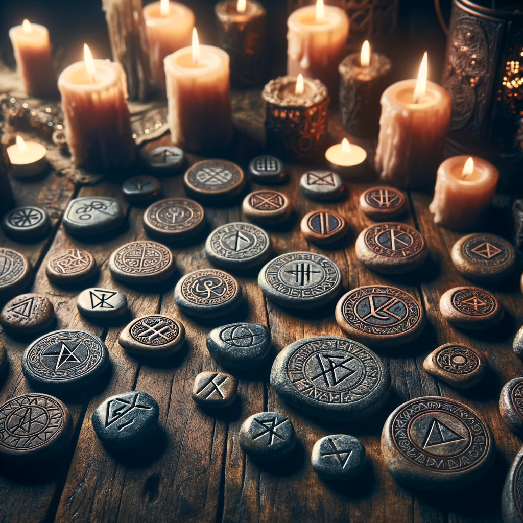 ·E 2023 11 20 11.09.35   An array of rune stones spread out on an ancient wooden table, each stone intricately carved with mystical symbols. The runes are cast under the soft .png