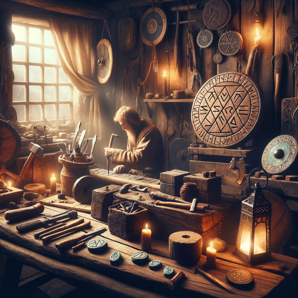 ·E 2023 11 20 11.25.15   An atmospheric image depicting a Nordic rune amulet workshop set in a historical Viking setting. The scene should illustrate skilled artisans carving .png