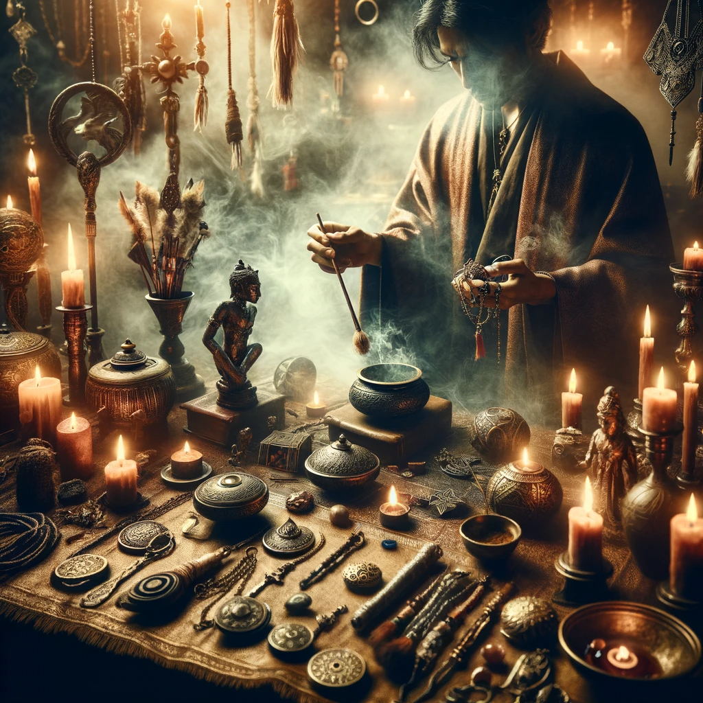 ·E 2023 11 20 11.27.19   A mystical image depicting an ancient ritual of amulet consecration. The scene should portray a spiritual leader or shaman performing a sacred ceremon.png