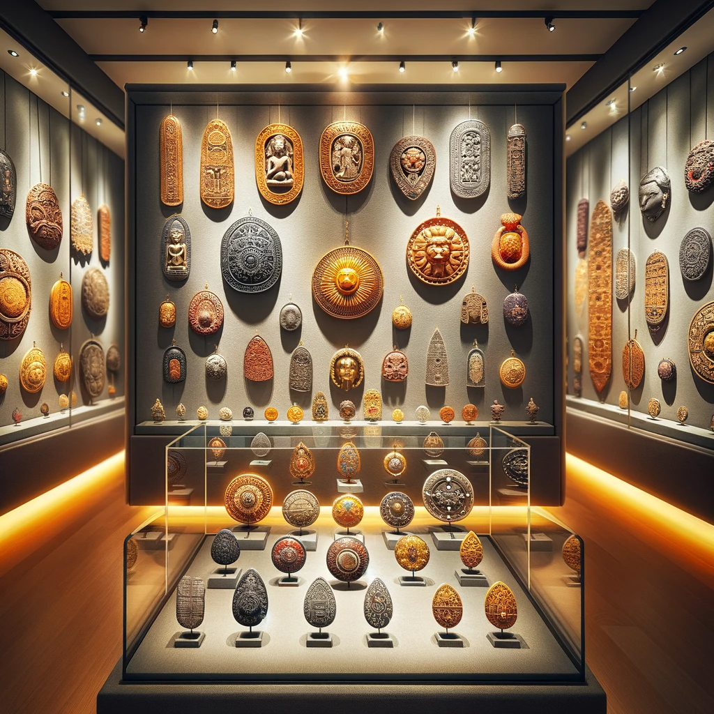 ·E 2023 11 20 11.27.24   A captivating image showcasing a collection of ancient amulets displayed in a museum setting. The scene should include a variety of amulets from diffe.png