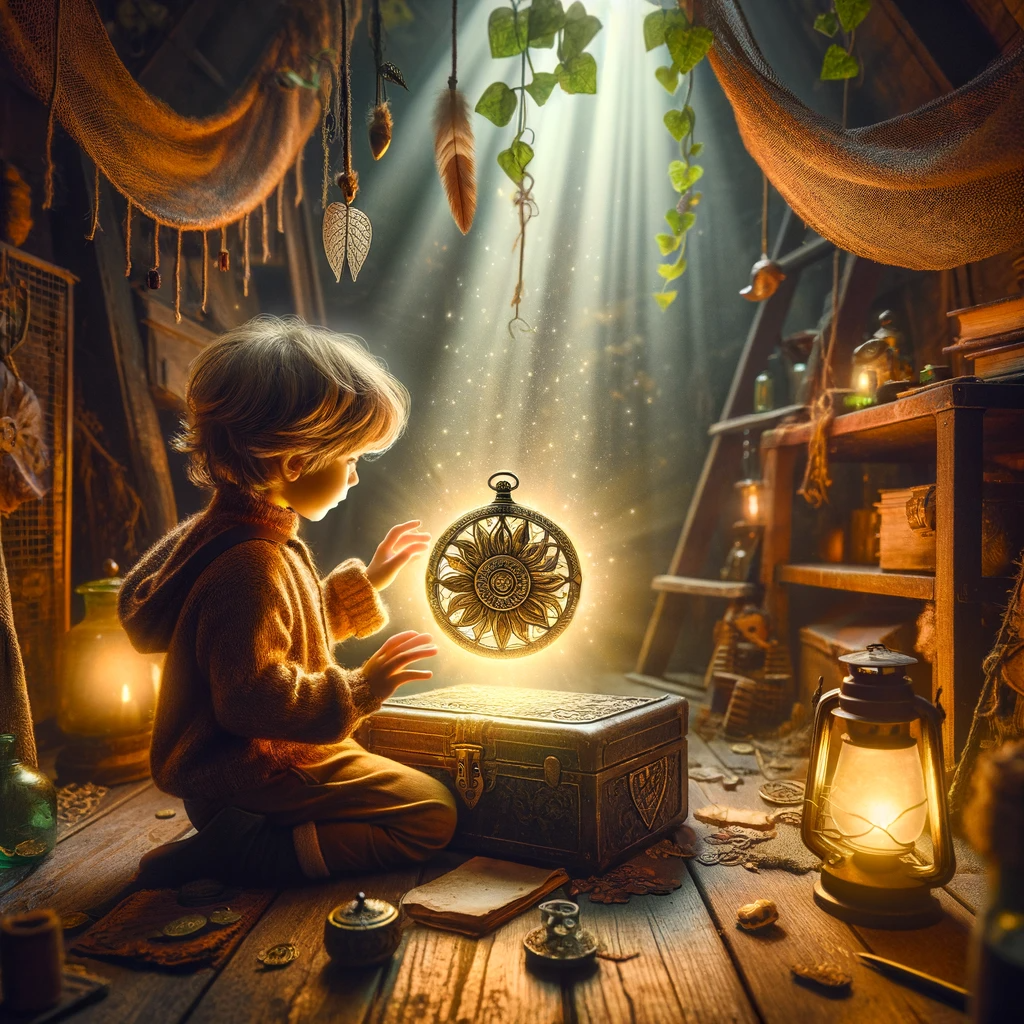 ·E 2023 11 20 11.27.27   A whimsical and creative image depicting a child discovering an ancient amulet. The scene should capture the child's sense of wonder and curiosity as .png