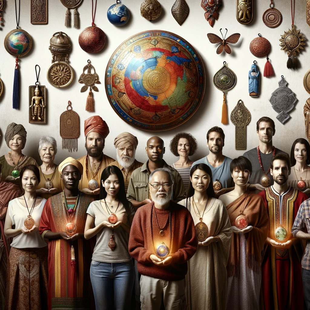 ·E 2023 11 21 04.07.02   An image representing a diverse group of people from different cultures, each holding an amulet representative of their heritage. The scene includes i.png