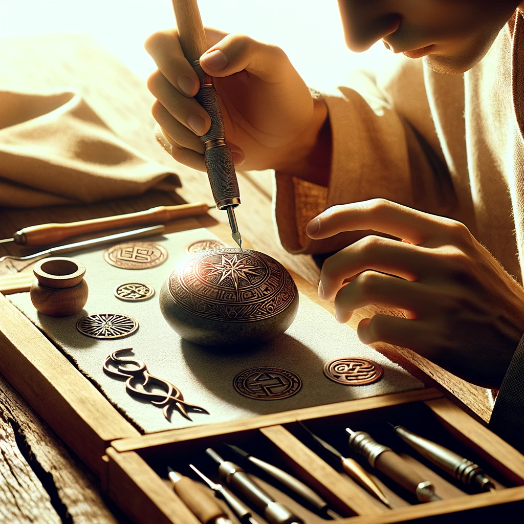 ·E 2023 11 21 04.07.05   An image depicting a person engraving symbols on an amulet as part of a personalization ritual. The scene should show a focused individual, tools for .png