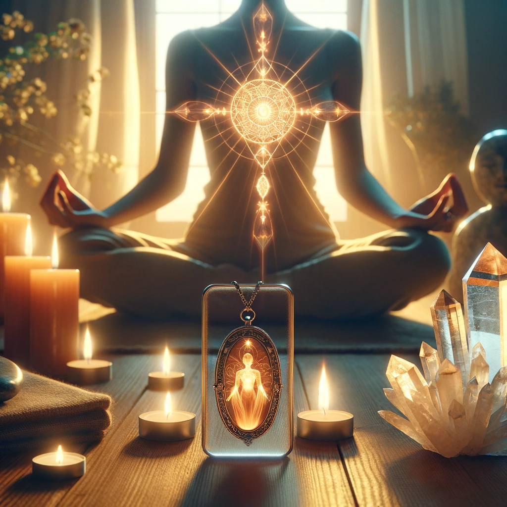 ·E 2023 11 21 04.07.14   An image showcasing a serene meditation space with a focus on amulet activation. The scene includes a person in a meditative pose, surrounded by lit c.png