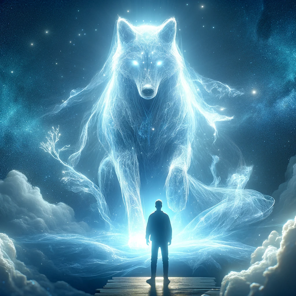 ·E 2023 11 21 04.53.33   An image showing a person facing a large, ethereal animal spirit guide, representing the culmination of their spiritual journey. The scene should be m.png
