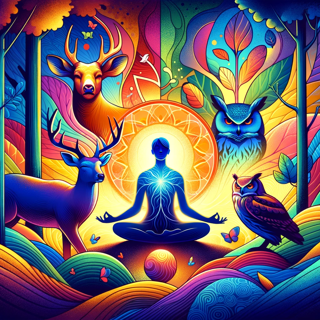 ·E 2023 11 21 04.58.52   A vibrant depiction of a person meditating in a forest, surrounded by animals like a deer, owl, and rabbit. The image represents a connection with nat.png