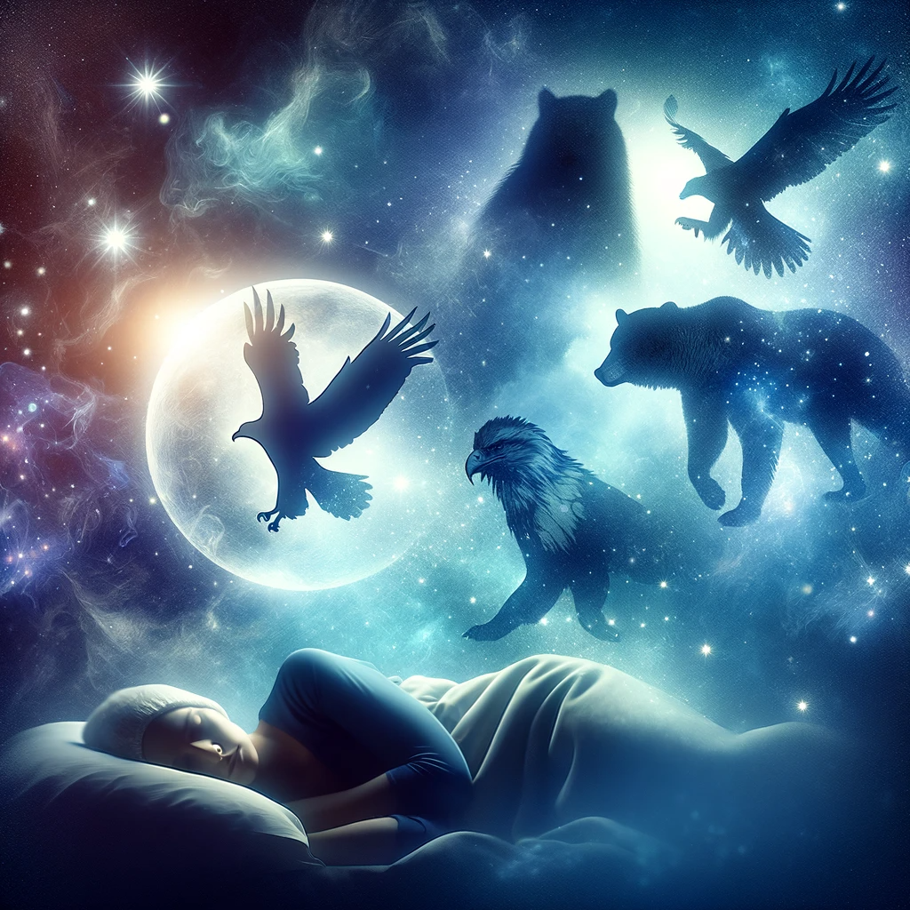 ·E 2023 11 21 04.58.53   A dreamy, ethereal image showing a person asleep under a starry night sky, with animal silhouettes like a wolf, eagle, and bear appearing in the stars.png