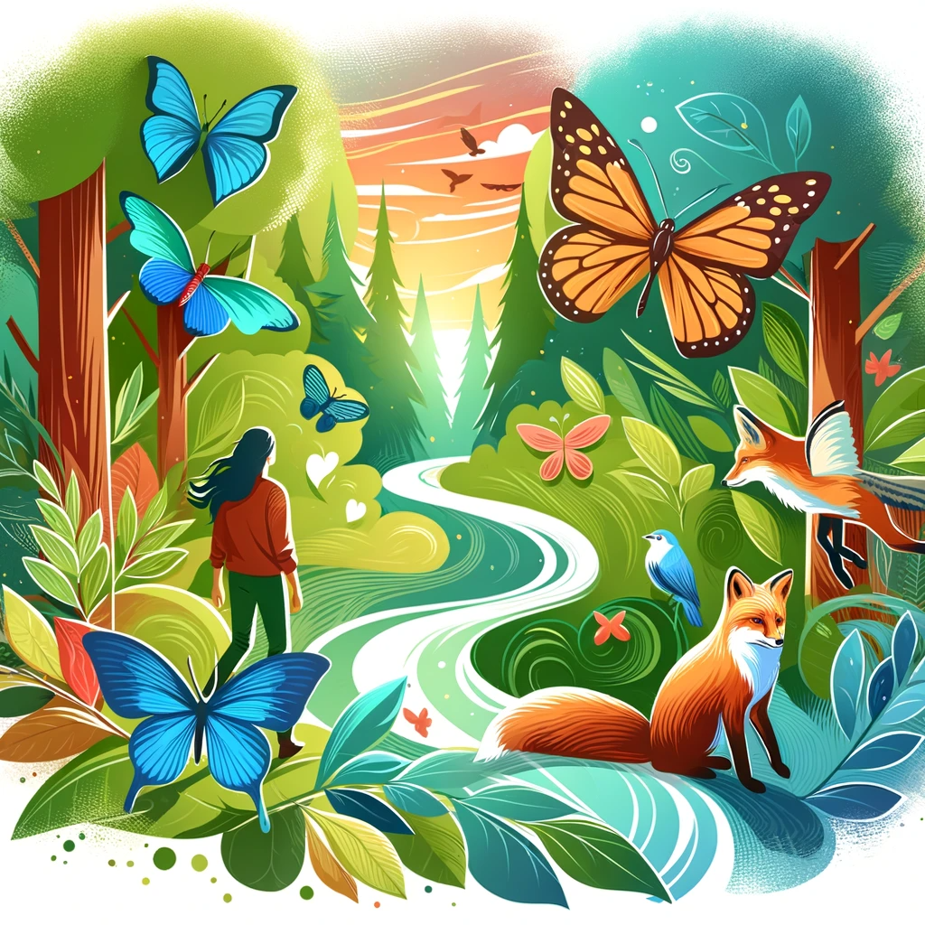 ·E 2023 11 21 04.58.56   An artistic image of a person walking in a lush forest, looking at various animals like a fox, a butterfly, and a bird, representing a journey of self.png