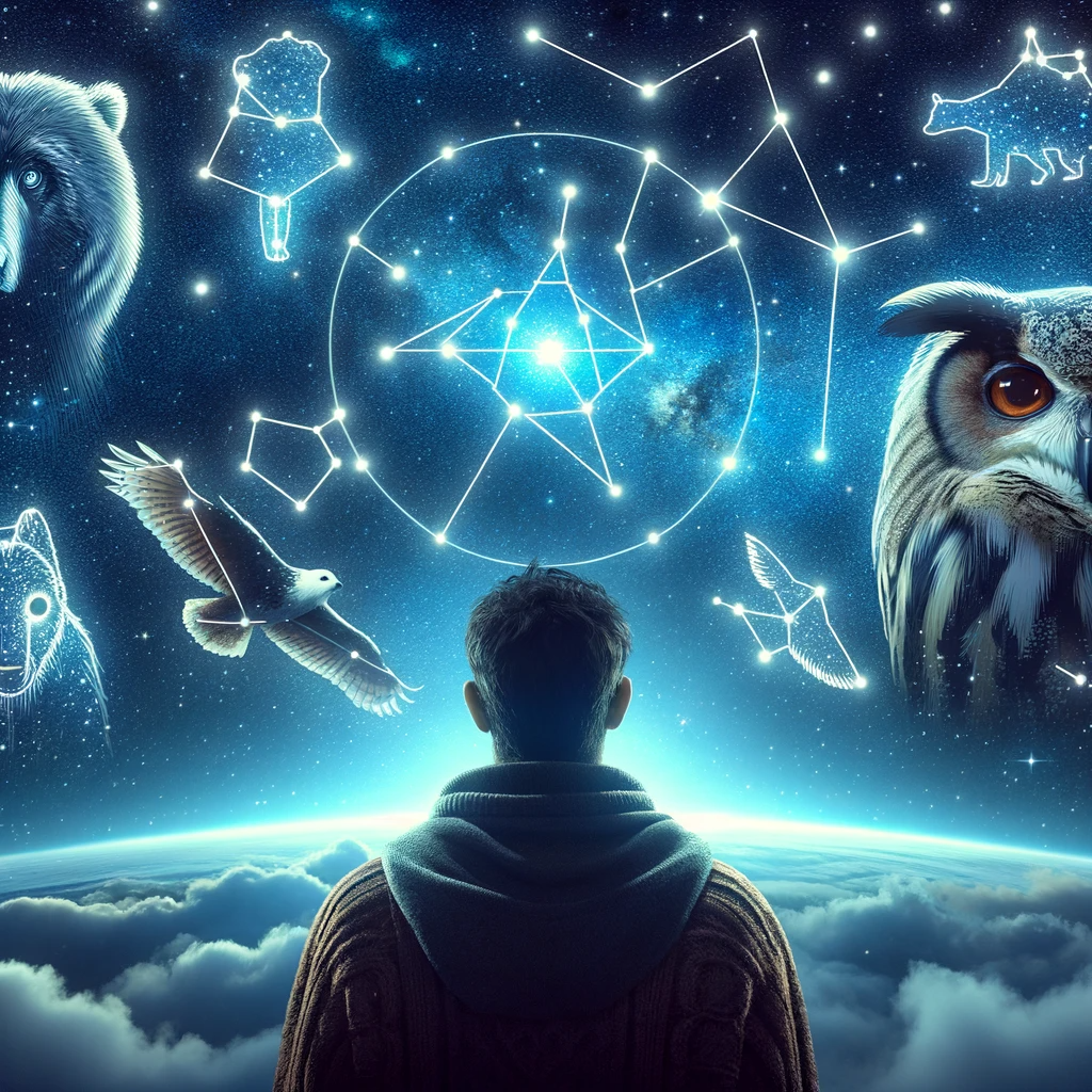 ·E 2023 11 21 04.59.04   An intriguing image of a person looking at a starry night sky, with animal constellations like a bear, an owl, and a fish prominently visible, represe.png