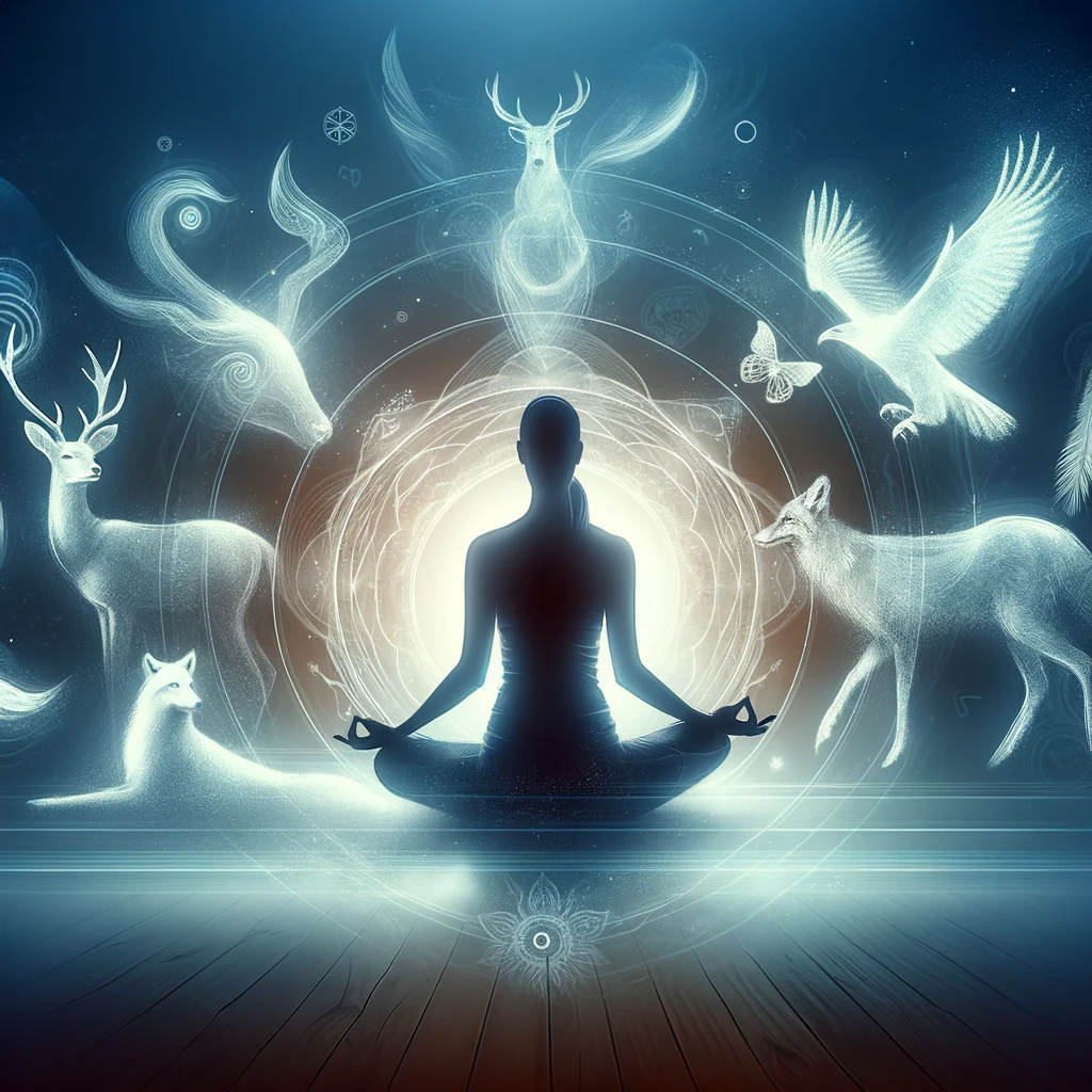 ·E 2023 11 21 04.59.06   A serene image of a person in a yoga pose surrounded by a calm aura and the faint outlines of spirit animals like a deer and an eagle. This image conv.png