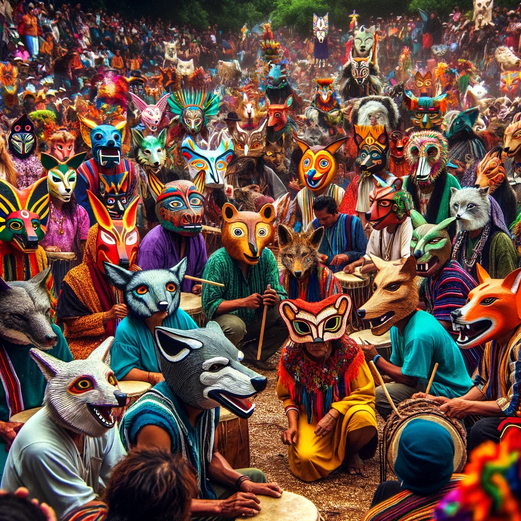 ·E 2023 11 21 11.46.10   A vibrant scene of a community ceremony with people wearing animal masks, symbolizing different cultures' reverence for animal spirits. The gathering .png