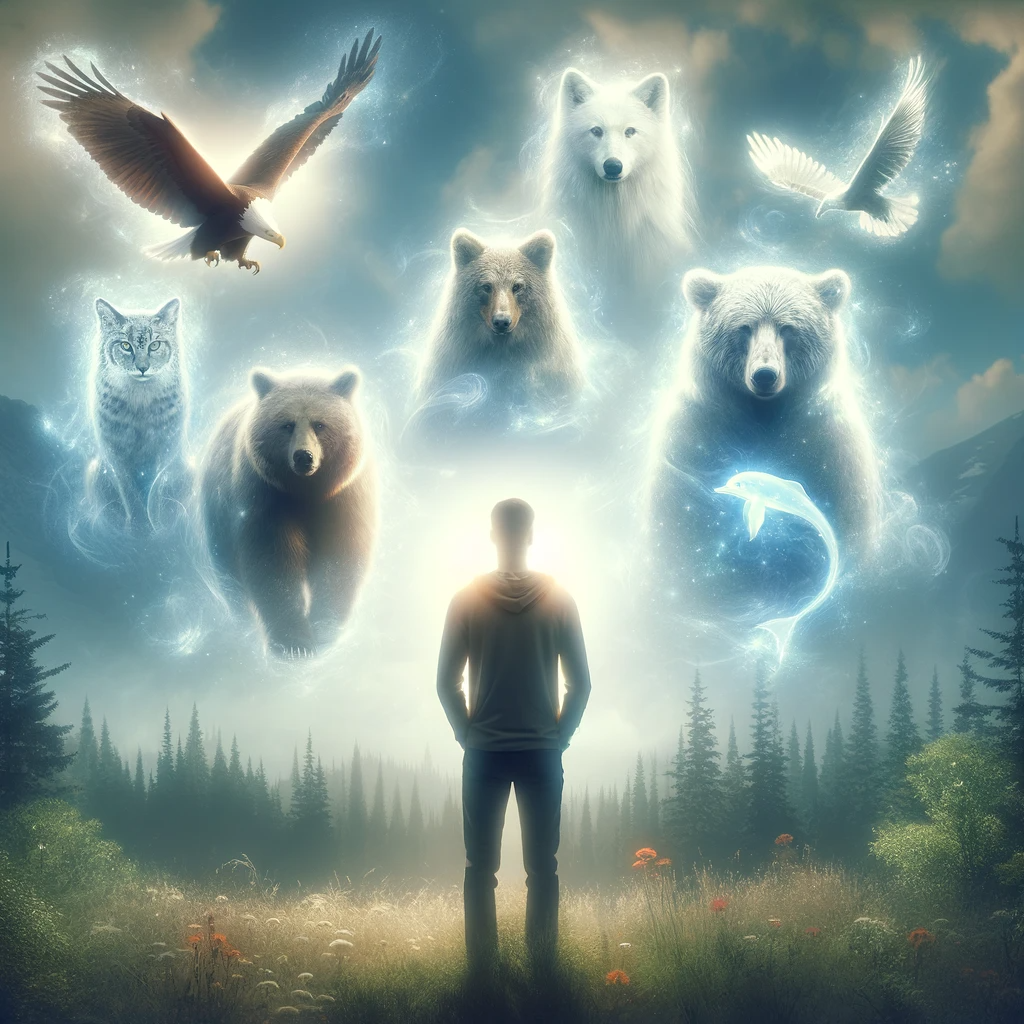 ·E 2023 11 21 11.46.13   A dreamlike image of a person surrounded by various animal spirits, symbolizing the protective and guiding role of these entities. The person stands i.png