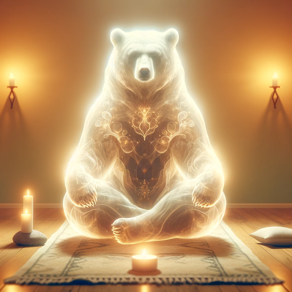 ·E 2023 11 21 13.18.33   An image of a bear spirit manifesting in a tranquil meditation space, symbolizing strength and introspection. The bear is depicted as a gentle, transl.png