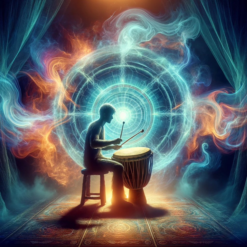 ·E 2023 11 24 05.20.09   An artistic representation of a shamanic drumming session, with a person playing a traditional drum surrounded by a vibrant aura of energy. The backgr.png