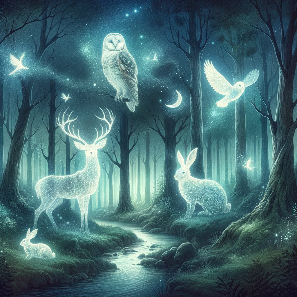 ·E 2023 11 25 14.08.15   A dreamlike illustration of a lush forest at twilight, with ethereal figures of animal spirits like a stag, owl, and rabbit appearing among the trees.png