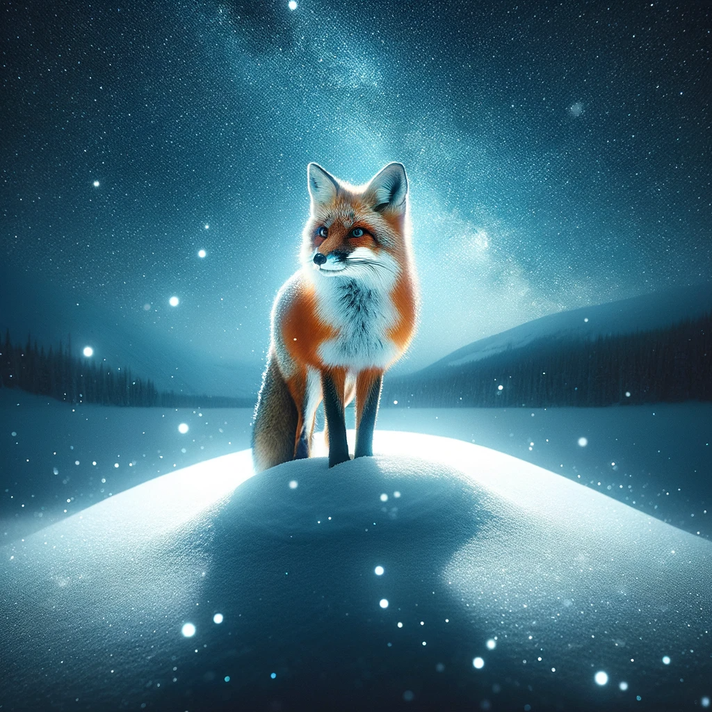 ·E 2023 11 25 14.13.11   A captivating image of a fox in a snowy landscape under a starlit sky, embodying cunning and adaptability. The fox, with its alert eyes and sleek fur,.png