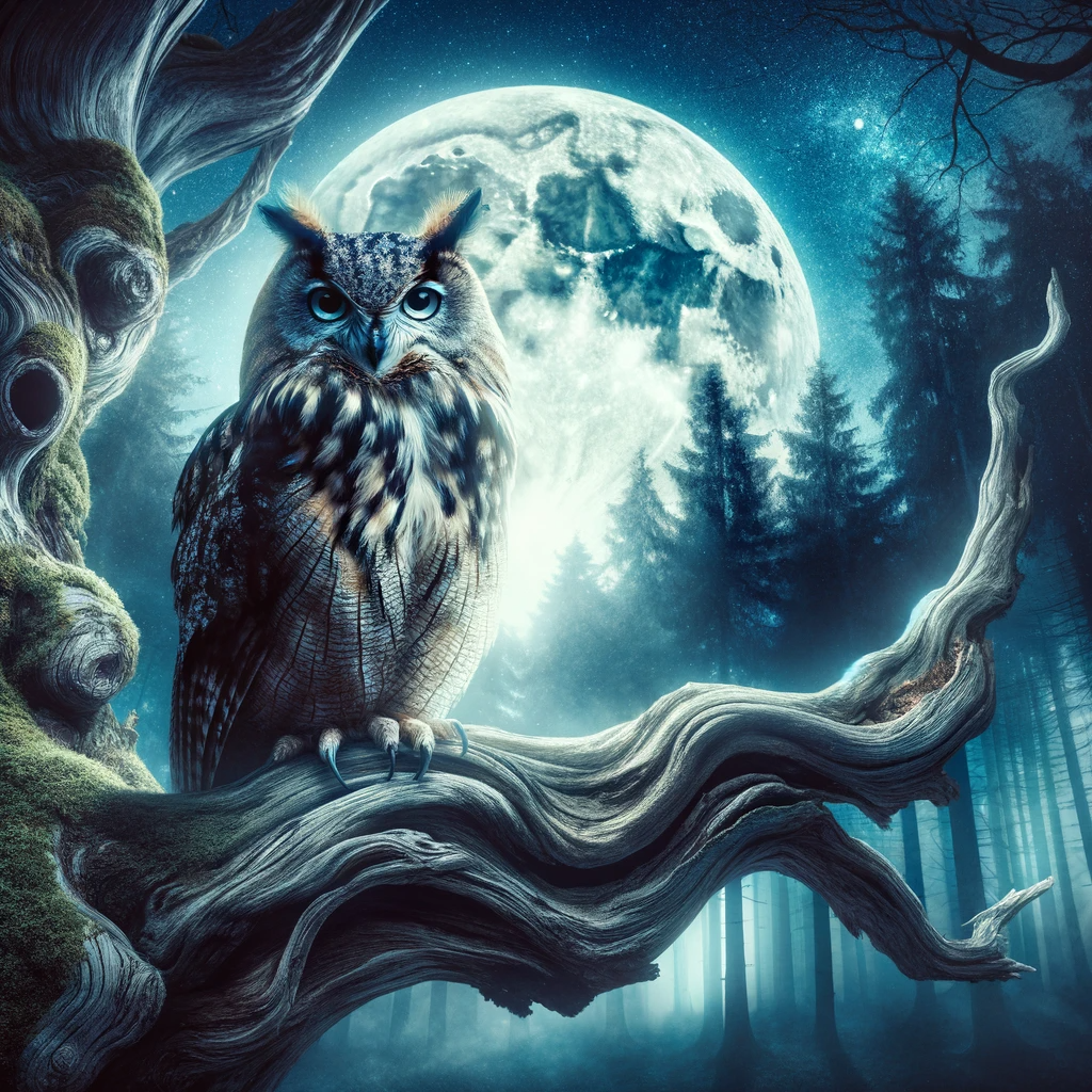 ·E 2023 11 25 14.13.17   An enchanting scene of an owl perched on a gnarled, ancient tree branch under a full moon. The owl, symbolizing wisdom and intuition, gazes intently i.png