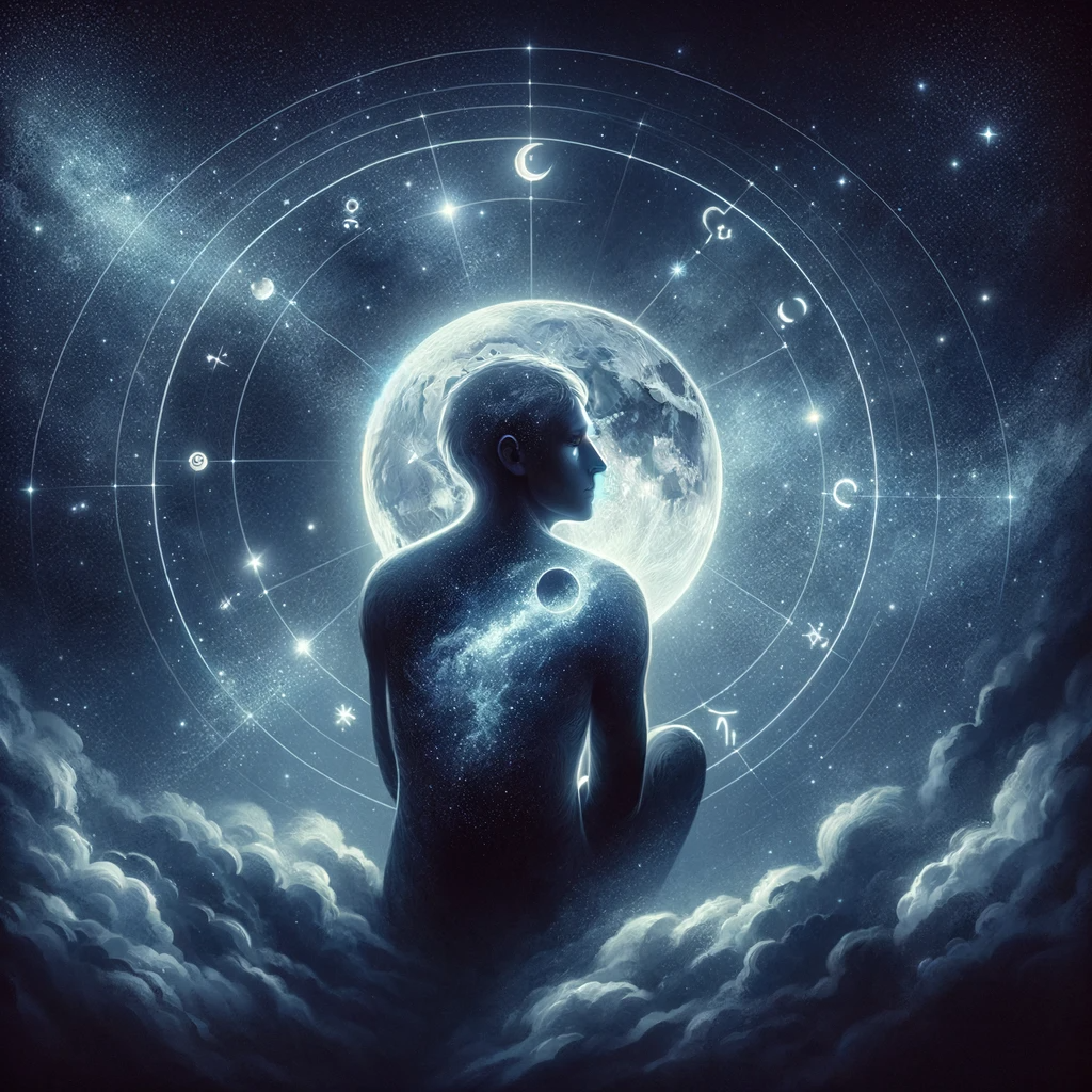 ·E 2023 11 25 14.18.02   An artistic depiction of a person in a contemplative pose, gazing at the night sky filled with stars and the Moon. The person is surrounded by a subtl.png