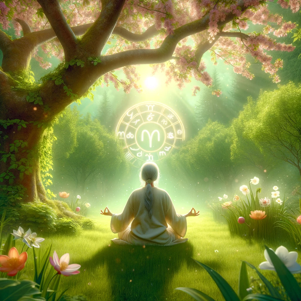 ·E 2023 11 28 13.26.09   An image for an astrology article, depicting a person sitting peacefully in a lush green garden during spring, meditating under a tree with blooming f.png