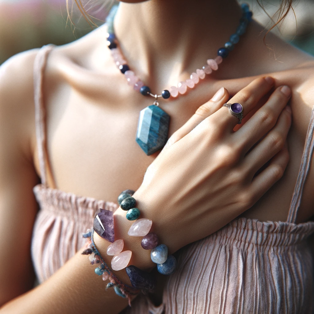 ·E 2023 11 28 13.38.22   An image showcasing a person wearing crystal jewelry, such as a necklace or bracelet, made of Amethyst, Rose Quartz, and Lapis Lazuli. The person shou.png