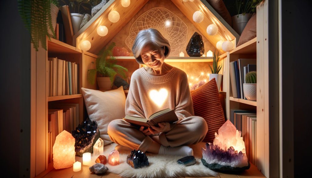 ·E 2023 11 30 05.30.09   A heartwarming image of a person sitting in a cozy reading nook, surrounded by glowing crystals including Black Obsidian, Amethyst, and Rose Quartz. T.png