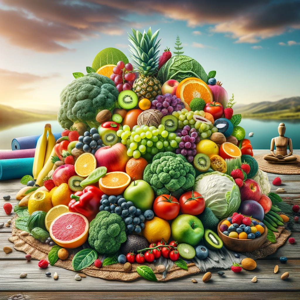 An-image-representing-holistic-nutrition-showcasing-a-variety-of-colorful-fruits-and-vegetables-arranged-in-a-harmonious-visually-appealing