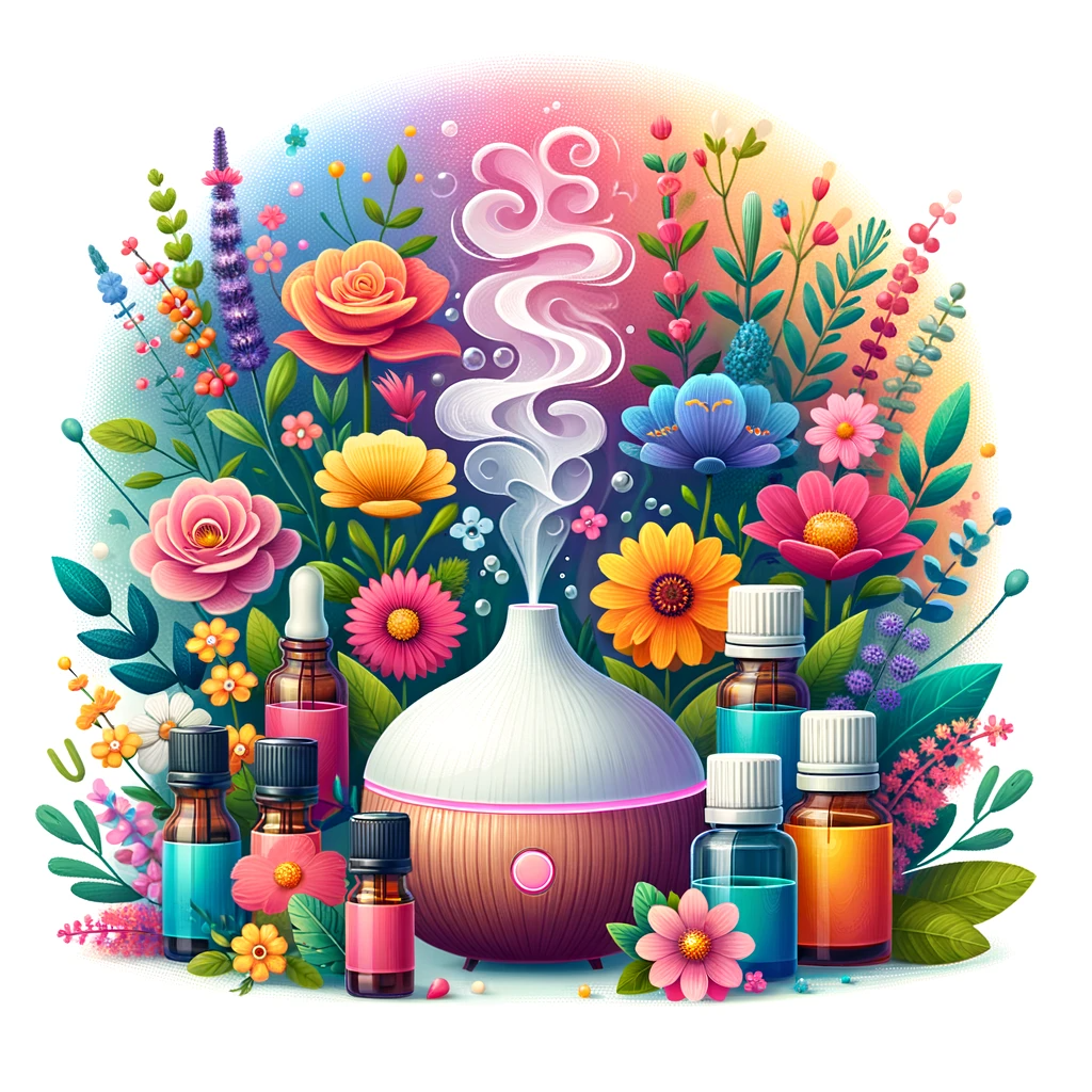 A-colorful-and-vibrant-image-depicting-various-essential-oil-bottles-with-a-diffuser-releasing-a-soothing-mist-surrounded-by-flowers-and-herb