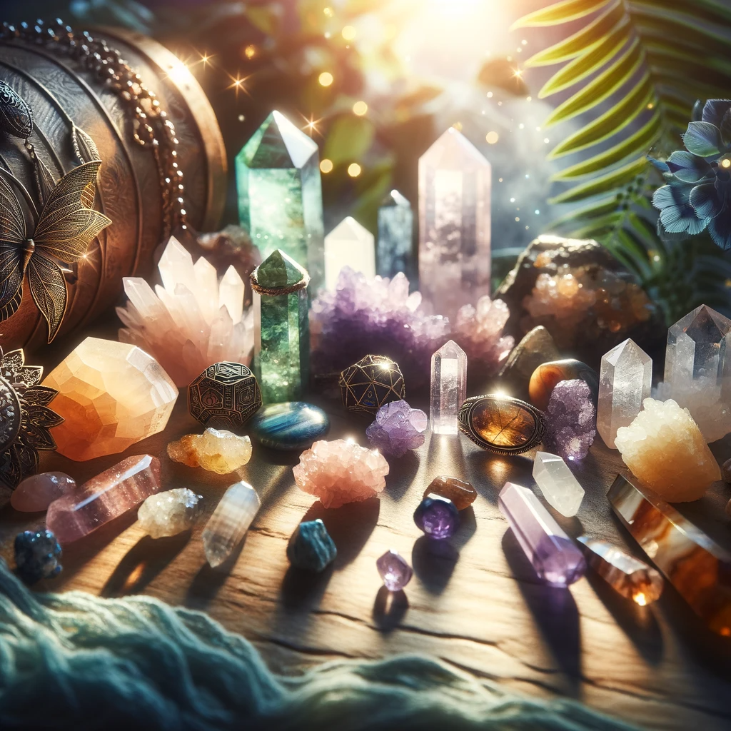 A-mystical-and-enchanting-image-showcasing-a-variety-of-healing-crystals-beautifully-arranged-on-a-natural-surface-with-a-soft-light-illuminating