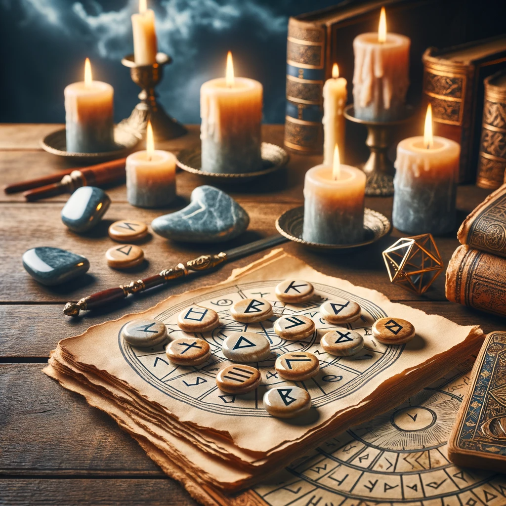 A-set-of-beautifully-arranged-rune-stones-on-a-wooden-table-with-a-backdrop-of-ancient-manuscripts-and-candles.