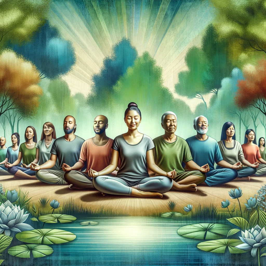 An-artistic-representation-of-a-diverse-group-of-people-meditating-in-a-serene-park-surrounded-by-lush-greenery.-Each-person-is-depicted-in-a-peaceful
