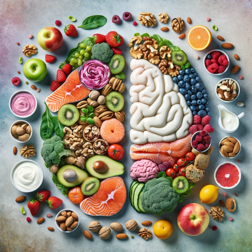 An-image-showing-a-variety-of-colorful-healthy-foods-arranged-in-a-pattern-that-resembles-the-human-brain-symbolizing-the-impact-of-diet-on-brain